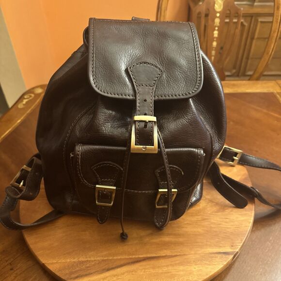 Vera Pelle Large Brown Leather Backpack Drawstring Many Pockets 10” X 5 “ X 13” - Picture 1 of 13